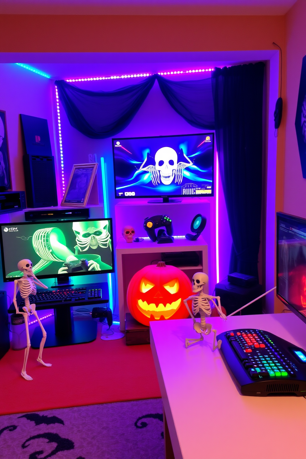 Create a vibrant gaming room decorated for Halloween. The room features skeleton figurines placed strategically around gaming consoles and colorful LED lights illuminating the space.