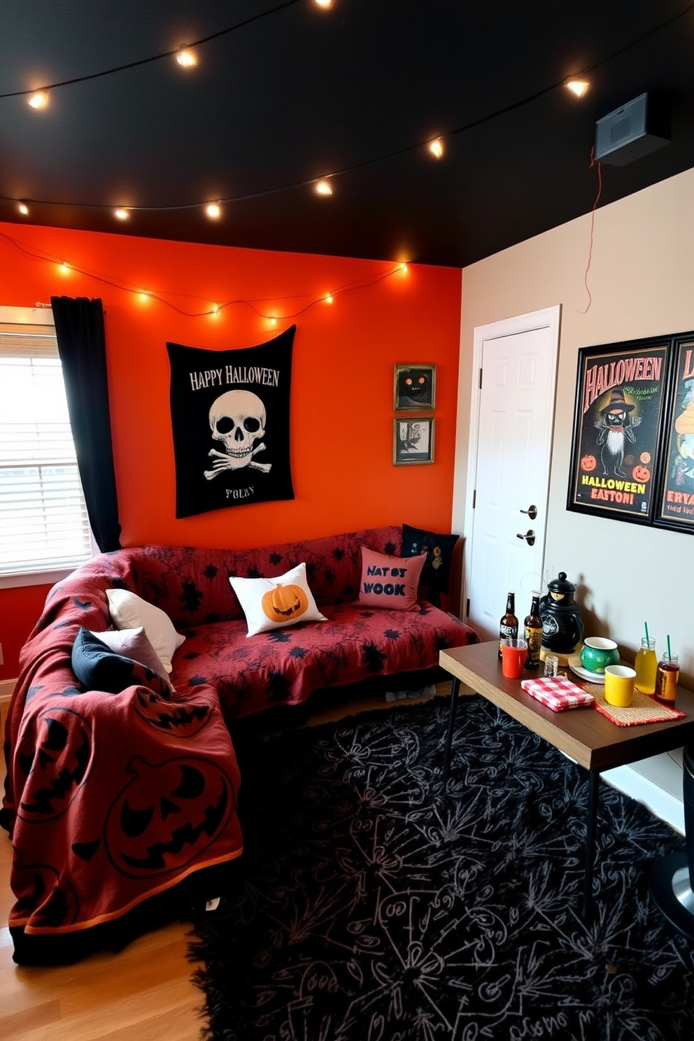 A cozy Halloween-themed game room features throw blankets adorned with spooky patterns and pillows shaped like pumpkins and ghosts. The walls are painted in deep orange and black, with string lights casting a warm glow over the space. In one corner, a large plush rug provides comfort, while a table is set with Halloween-themed snacks and drinks. Wall art includes framed vintage Halloween posters, creating an inviting atmosphere for game night.