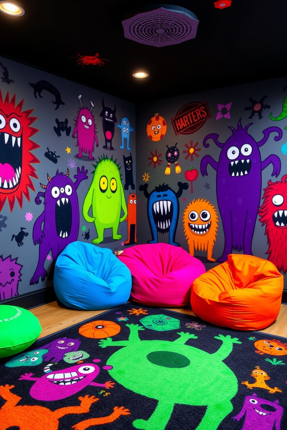 A vibrant game room featuring monster-themed wall art that sets a playful and spooky atmosphere. The walls are adorned with colorful, oversized monster prints and decals, creating an immersive experience for gamers. In one corner, a cozy seating area is arranged with plush bean bags in bright colors, inviting players to relax between games. A large, themed rug with cartoonish monsters sprawls across the floor, adding to the room's fun and whimsical vibe.