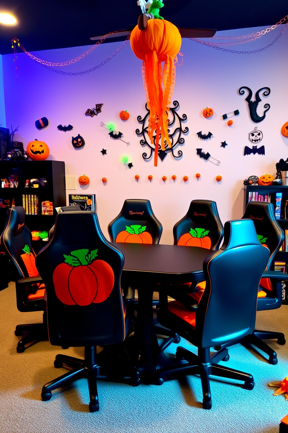 A cozy game room featuring pumpkin-themed gaming chair cushions that add a festive touch to the space. The walls are adorned with playful Halloween decorations, creating an inviting atmosphere for game nights. The gaming chairs are arranged around a sleek black gaming table, with vibrant orange and green accents throughout. Soft lighting enhances the spooky ambiance, while a collection of Halloween-themed games is displayed on a nearby shelf.