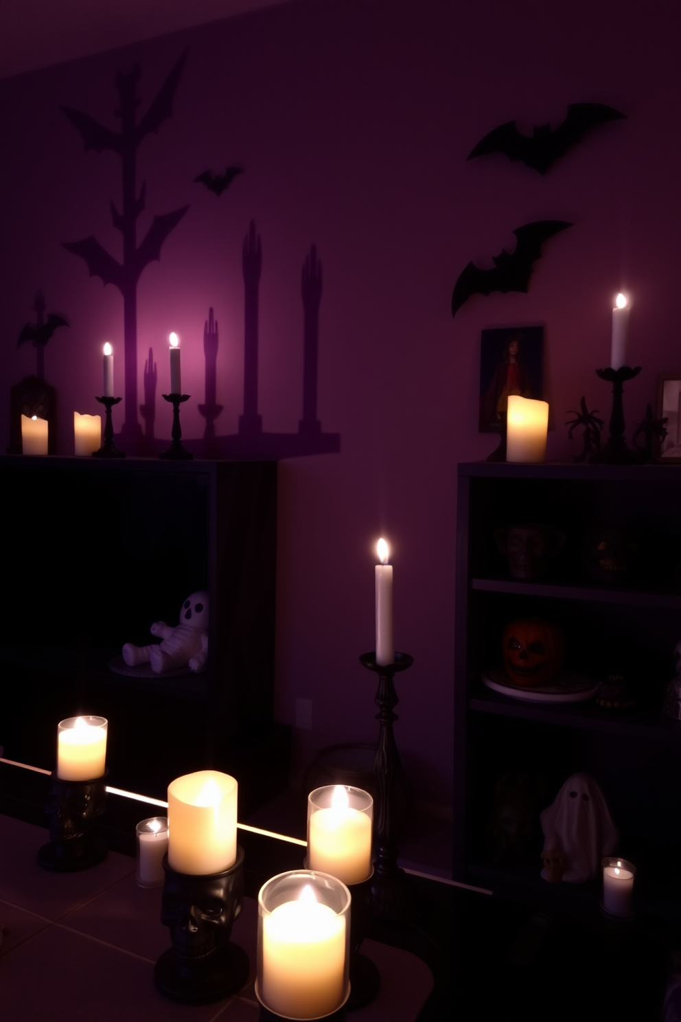 Creepy candle holders are scattered throughout the game room, casting eerie shadows on the walls. The holders are designed in various spooky shapes, such as skulls and cobwebs, creating an unsettling yet inviting atmosphere. Soft lighting from the candles enhances the room's dark color palette, featuring deep purples and blacks. Vintage Halloween decorations, like ghostly figures and bats, adorn the shelves, adding to the festive theme.