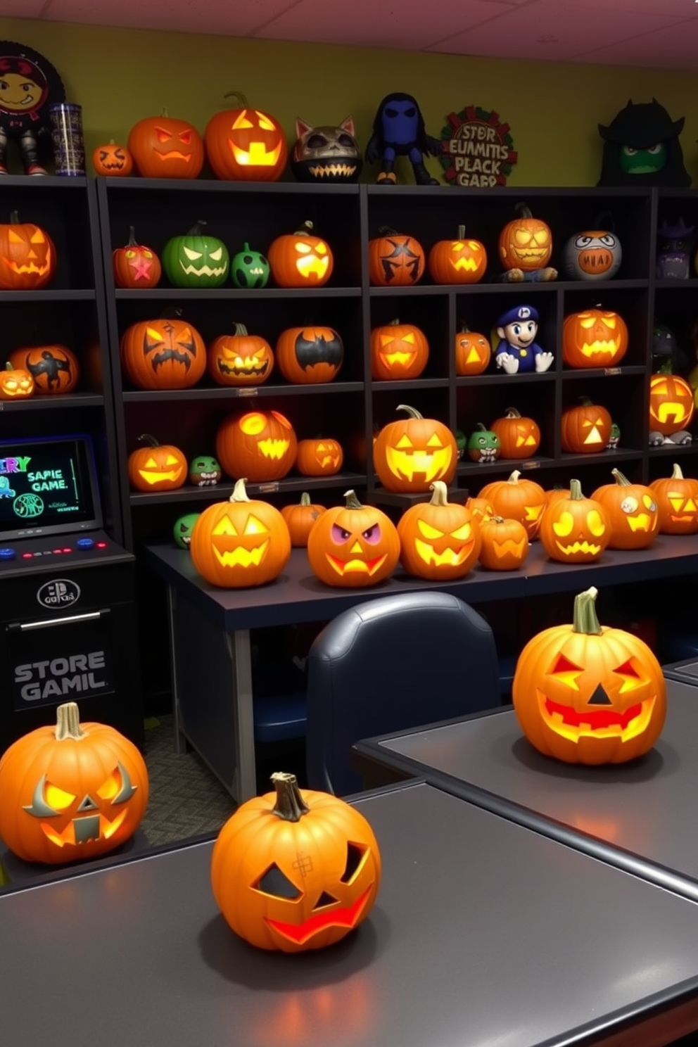 A vibrant Halloween game room decorated with video game character pumpkins. Each pumpkin is intricately carved to represent a different beloved character from popular video games, arranged on shelves and tables throughout the room.