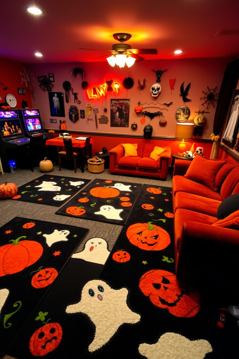 A vibrant game room filled with excitement and Halloween spirit. Themed area rugs featuring playful ghosts and pumpkins cover the floor, adding a festive touch to the space. Soft lighting creates a cozy atmosphere, highlighting a collection of spooky decorations on the walls. Plush seating in deep orange and black complements the Halloween motifs, inviting guests to enjoy the festivities.