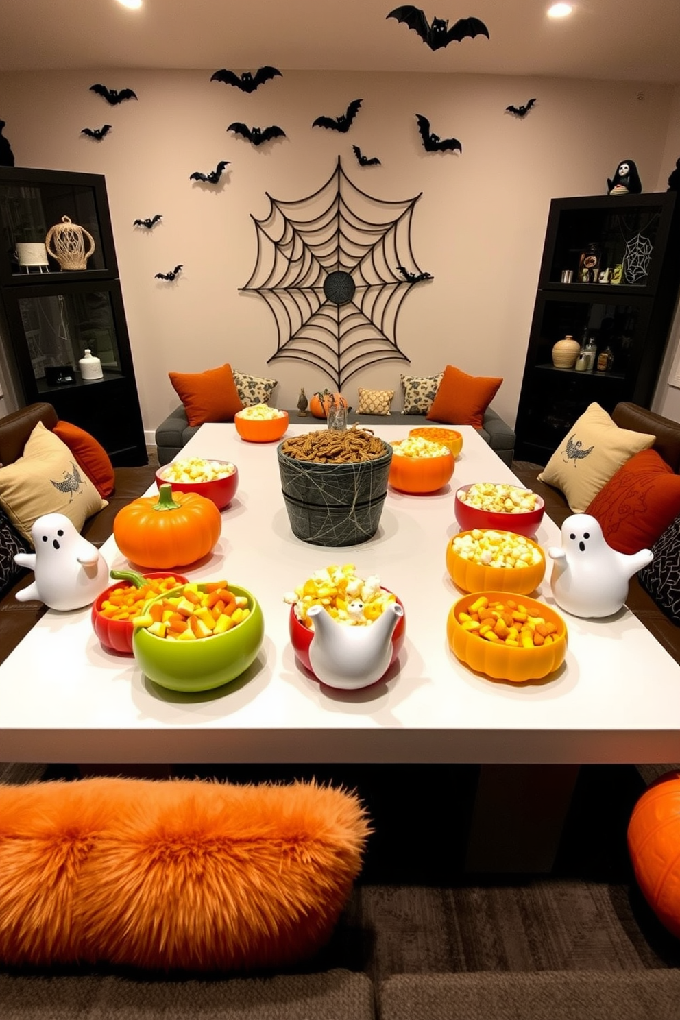 A cozy game room decorated for Halloween features a large table adorned with seasonal snacks in themed containers. Colorful bowls shaped like pumpkins and ghosts are filled with treats like candy corn and caramel popcorn. The walls are adorned with spooky decorations, including hanging bats and cobwebs. A comfortable seating area with plush cushions invites friends to gather and enjoy festive games.