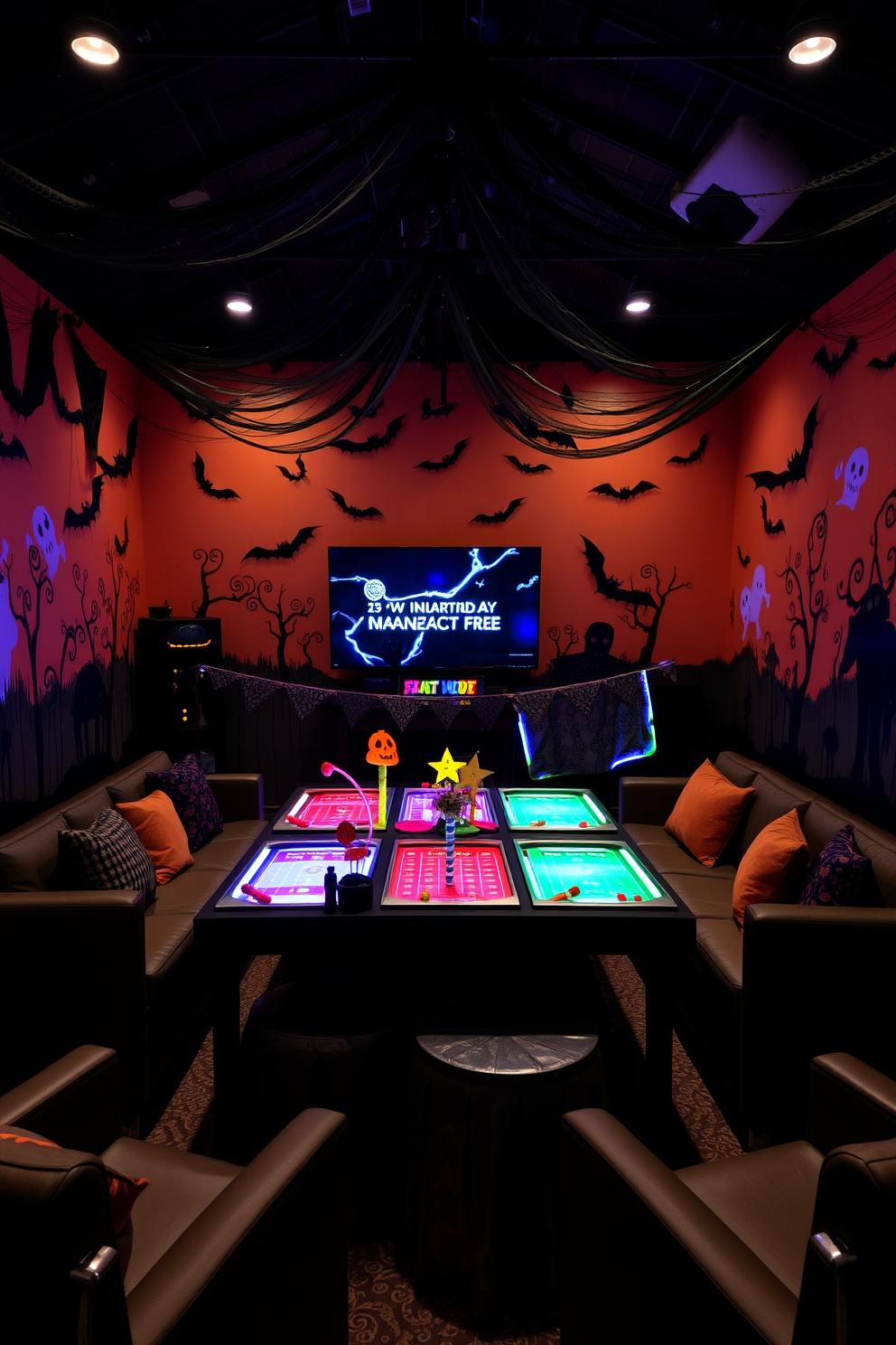 Create a vibrant Halloween game room that invites guests to participate in interactive games. The walls are adorned with spooky decorations, featuring hanging bats and ghostly silhouettes that set a festive atmosphere. In the center, a large table is set up with various game stations, each themed with Halloween colors and props. Comfortable seating is arranged around the table, complemented by atmospheric lighting that enhances the eerie yet playful vibe.