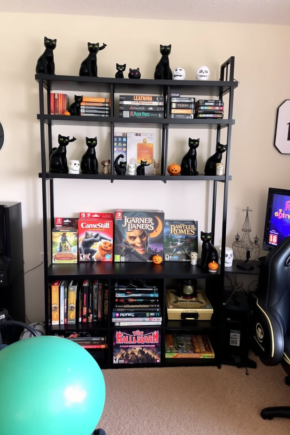 A gaming room decorated for Halloween features a sleek black shelf adorned with various black cat figurines. The shelf is filled with colorful game boxes and spooky decorations, creating a fun and festive atmosphere.