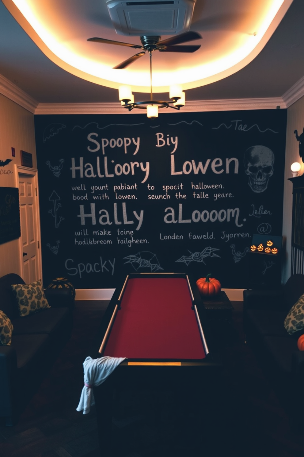 A game room featuring a large chalkboard wall designed for spooky Halloween messages. The space is filled with cozy seating, dim lighting, and Halloween-themed decorations to create an inviting yet eerie atmosphere.