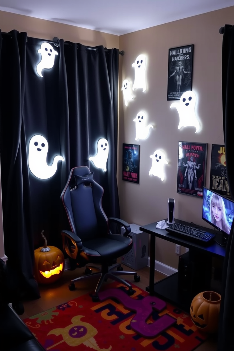 A cozy gaming corner designed for Halloween. Ghost lights illuminate the space, casting playful shadows on the walls adorned with spooky-themed posters. The room features a comfortable gaming chair and a sleek console setup. Dark curtains enhance the atmosphere, while a vibrant rug adds a pop of color to the floor.