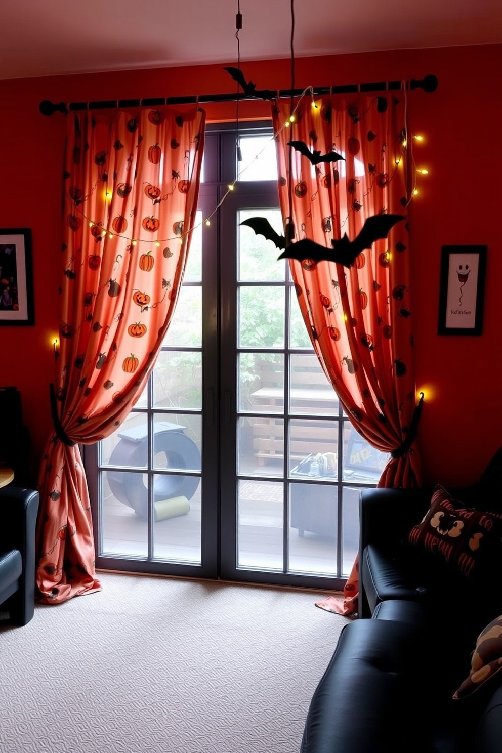 A cozy Halloween-themed game room features curtains adorned with playful pumpkin and ghost patterns. The walls are painted in deep orange, complemented by black furniture and spooky wall art. The curtains hang gracefully over large windows, allowing soft light to filter through. String lights in the shape of bats add a whimsical touch to the overall ambiance.