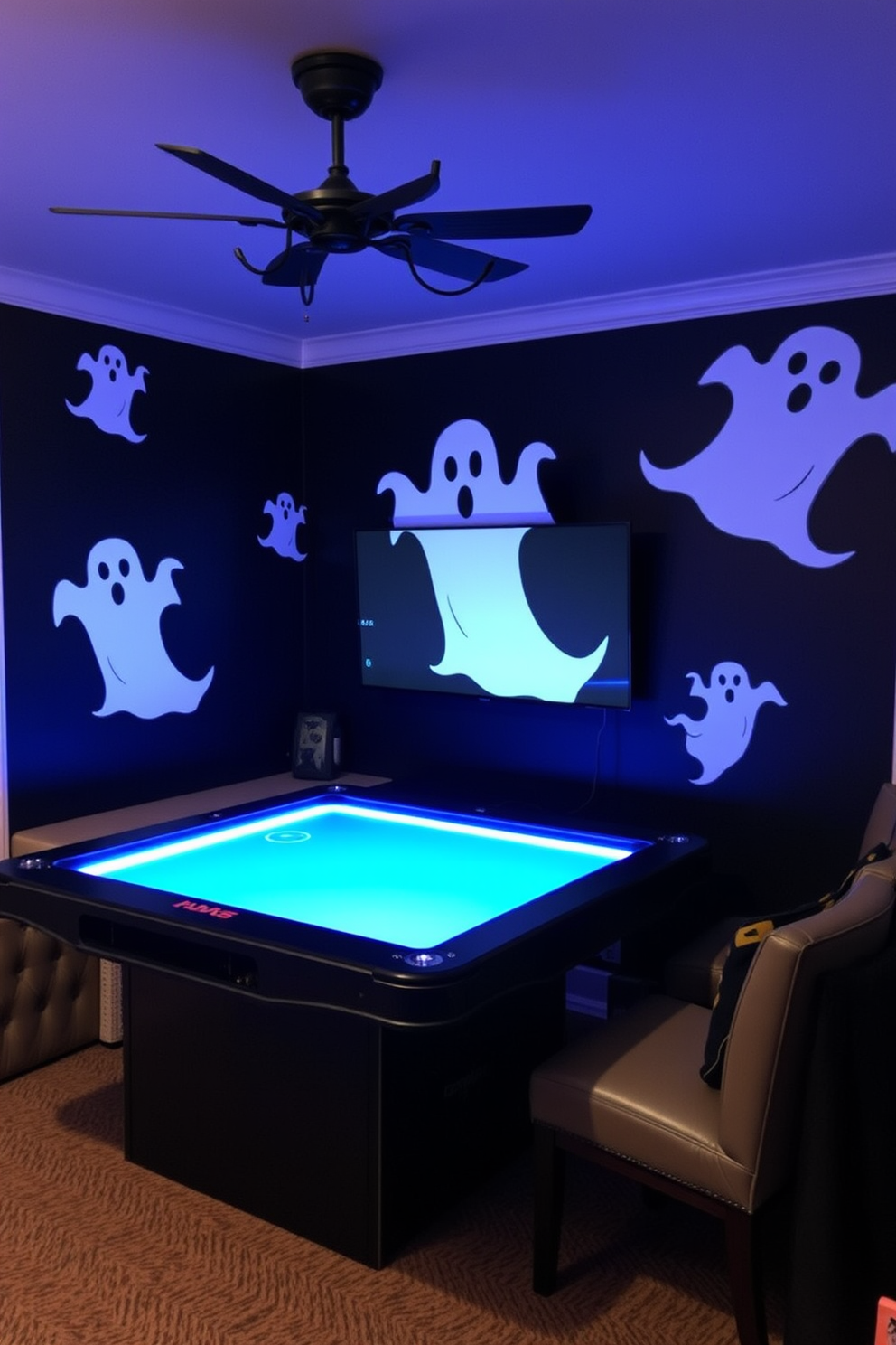 Create a Halloween-themed game room featuring ghostly wall decals that enhance the spooky atmosphere. Incorporate dim lighting, eerie decorations, and a cozy seating area to invite friends for a hauntingly fun gaming experience.