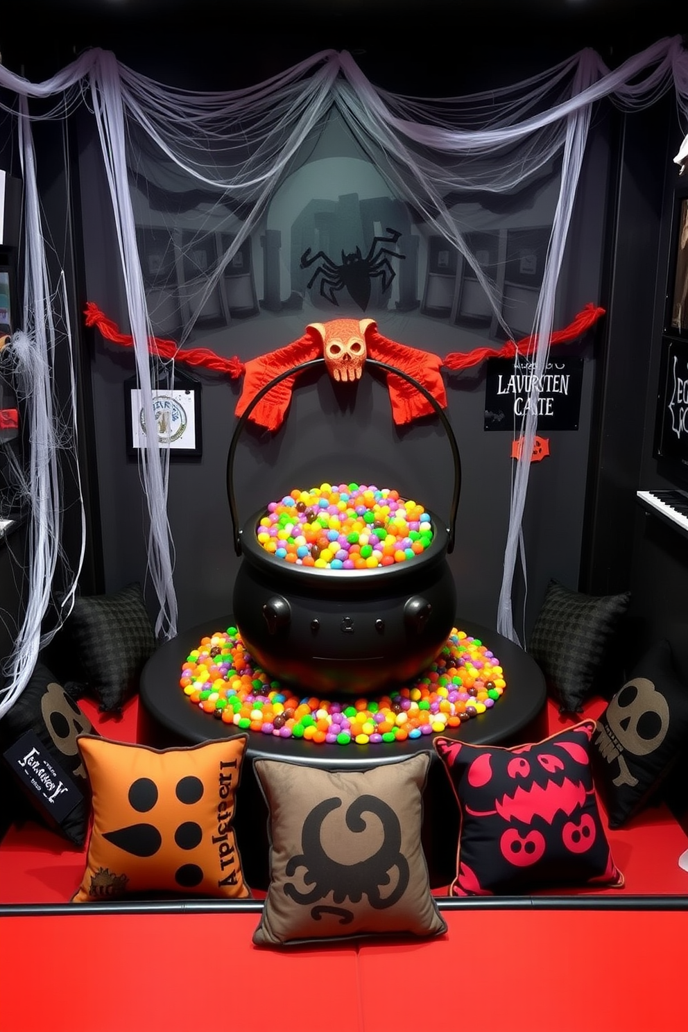 A whimsical game room decorated for Halloween features a large decorative cauldron in the center, filled with an assortment of colorful candies. Surrounding the cauldron are playful decorations such as cobwebs, spooky wall art, and themed cushions on the seating.