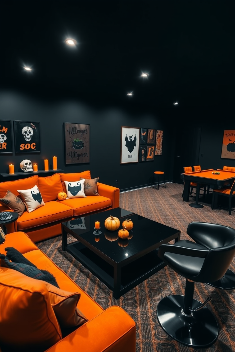 A Halloween game room featuring a black and orange color scheme. The walls are painted in a deep black, while the furniture is upholstered in vibrant orange fabric, creating a striking contrast. A large sectional sofa is positioned in the center, adorned with Halloween-themed throw pillows. A sleek black coffee table sits in front, surrounded by decorative pumpkins and spooky candles. The game area includes a black pool table with orange felt, complemented by stylish black and orange bar stools. Wall art featuring Halloween motifs adds to the festive atmosphere, while dim lighting creates an inviting ambiance.