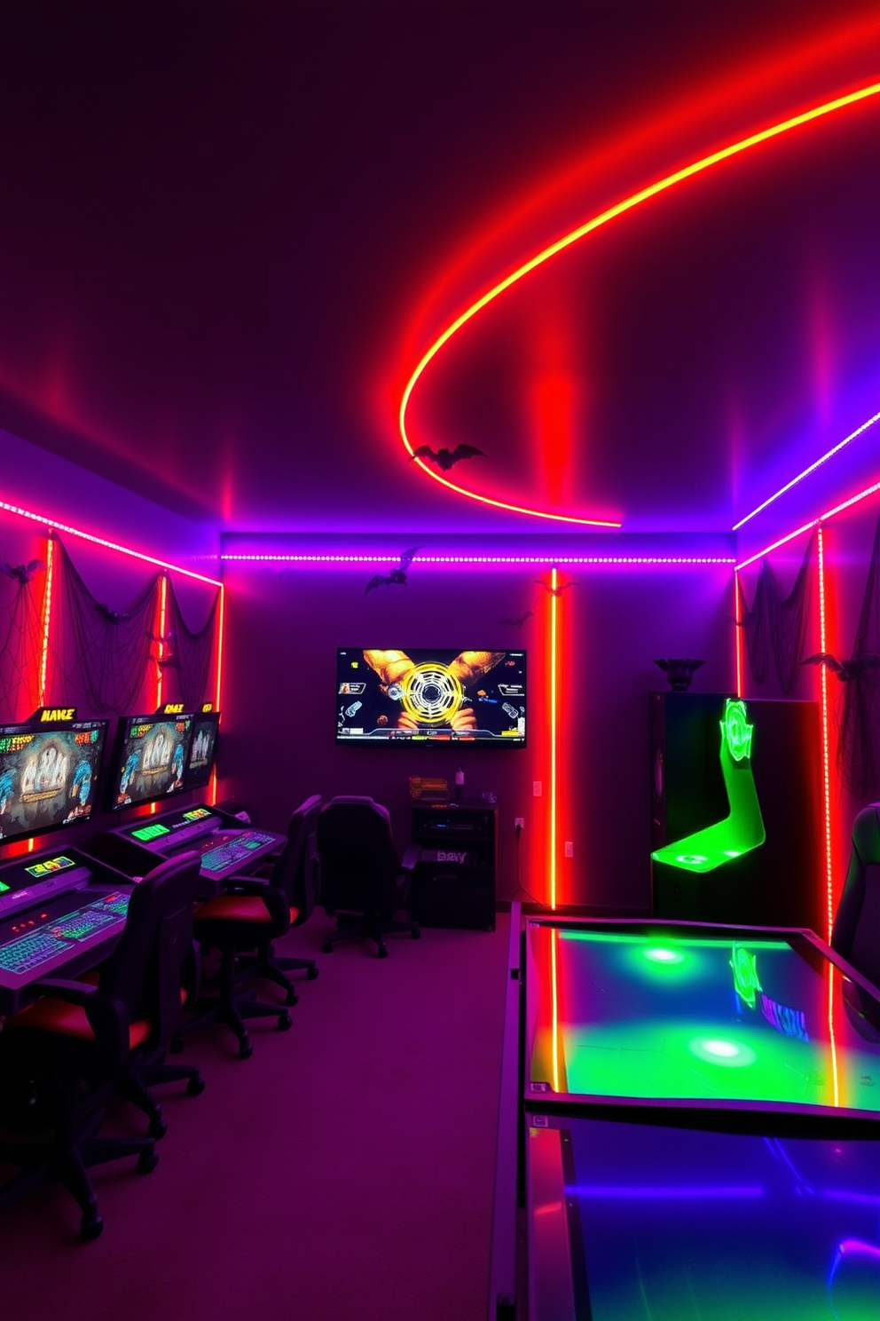 A vibrant game room designed for Halloween features LED strip lights casting an eerie glow in shades of orange and purple. The walls are adorned with spooky decorations like cobwebs and hanging bats, creating an immersive atmosphere for gaming sessions.