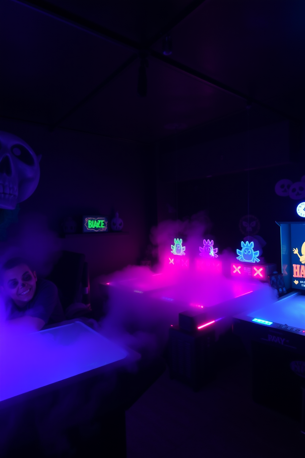 A spooky game room atmosphere is enhanced by a creeping fog machine that fills the space with an eerie mist. The walls are adorned with dark, moody colors and Halloween-themed decorations, creating a chilling yet inviting ambiance for guests.