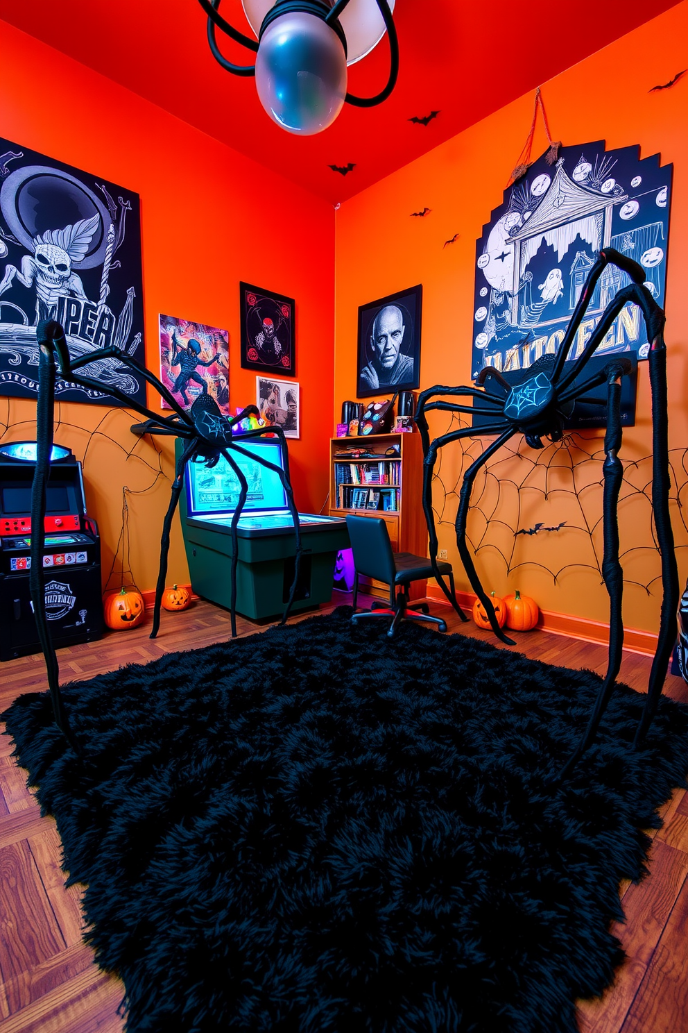 Giant spider decorations are strategically placed in the corners of a vibrant Halloween-themed game room. The walls are adorned with spooky artwork, and a large, plush black rug covers the floor, creating a cozy yet eerie atmosphere.