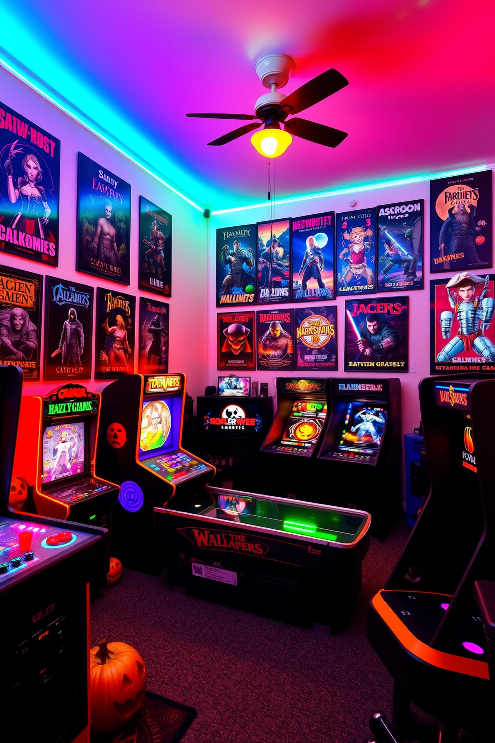 A vibrant game room filled with themed gaming posters adorning the walls. The decor features a mix of Halloween elements, with spooky lighting and playful accessories that create an immersive atmosphere.