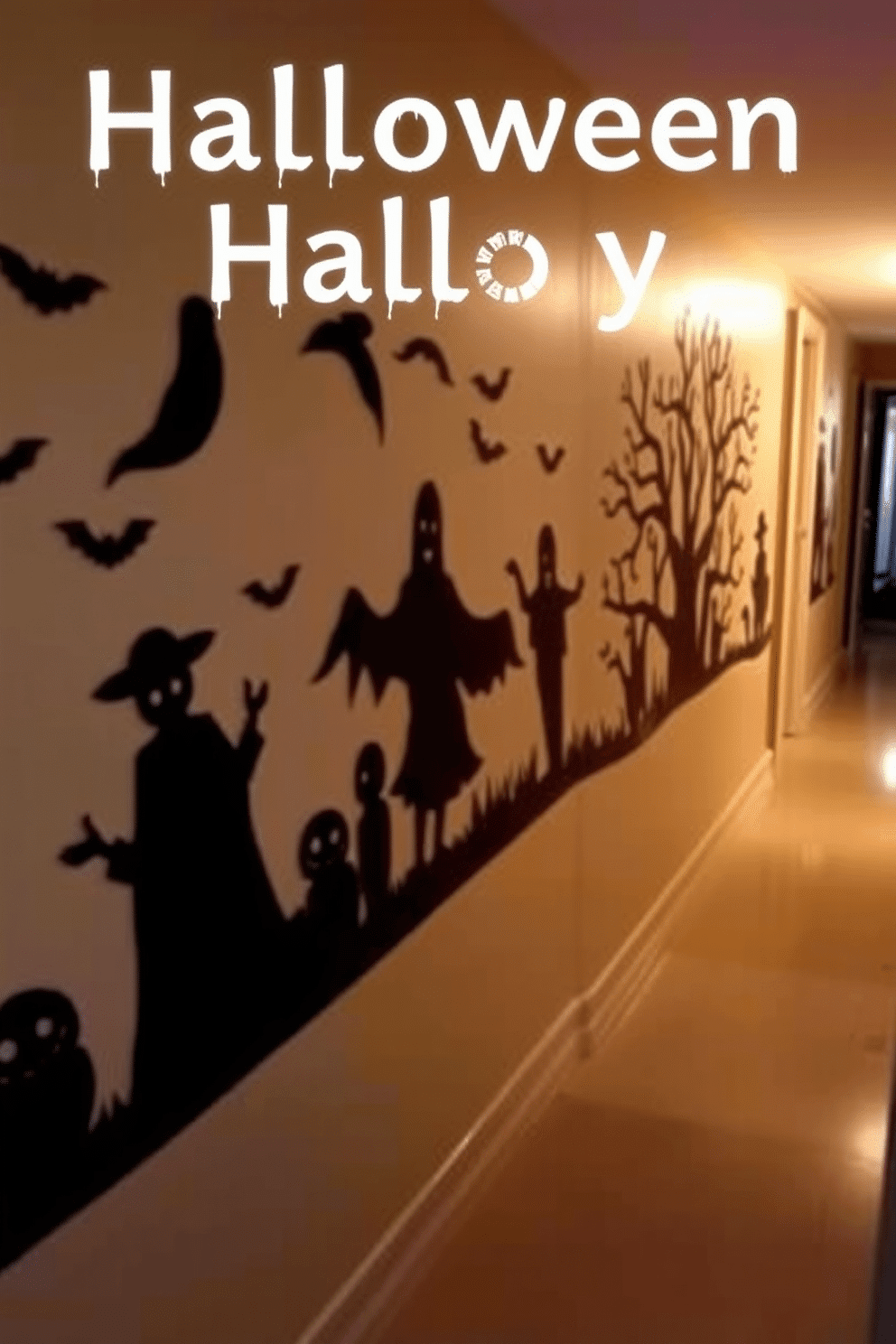 Create a Halloween hallway decorated with spooky silhouette cutouts on the walls. The silhouettes feature ghostly figures and eerie trees, casting haunting shadows in the dimly lit space.