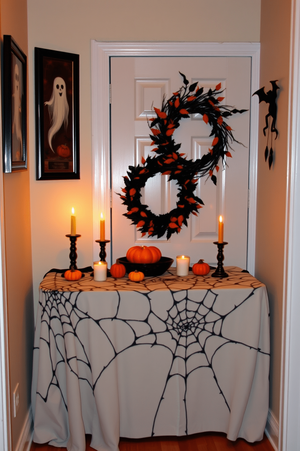 A hallway table adorned with a spiderweb tablecloth creates a spooky yet stylish atmosphere. The table is decorated with small pumpkins and flickering candles, enhancing the Halloween theme. On the wall behind the table, eerie artwork and ghostly decorations add to the festive spirit. A wreath made of black and orange leaves hangs on the door, inviting guests into the haunted hallway.