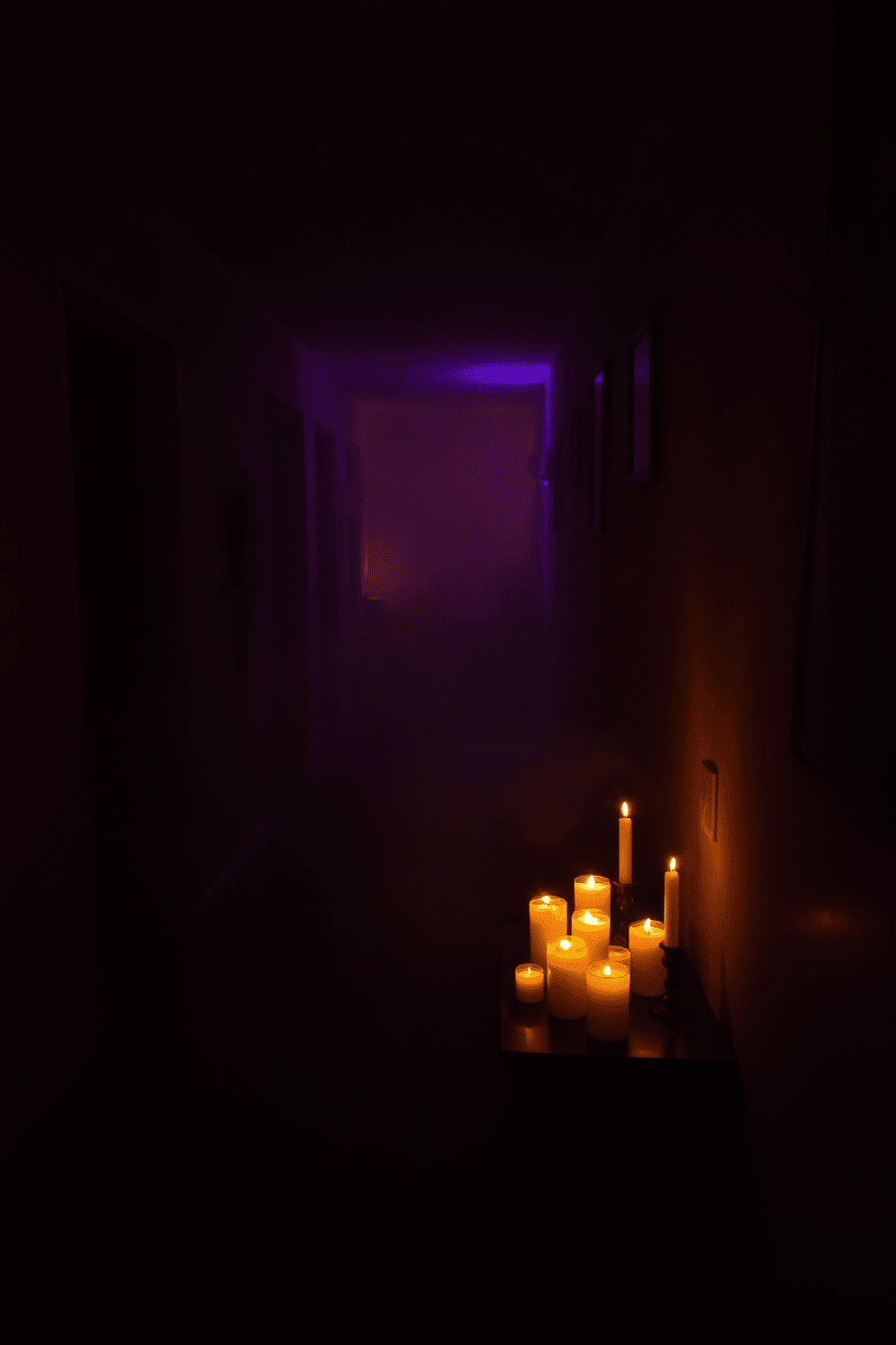 A dimly lit hallway enveloped in a soft mysterious fog creates an enchanting atmosphere perfect for Halloween. Shadows dance along the walls, while subtle hints of orange and purple lighting peek through the haze, enhancing the spooky vibe. Decorative elements such as cobwebs and ghostly figures can be strategically placed to add to the eerie ambiance. A collection of flickering candles on a side table casts a warm glow, inviting guests to explore the mysterious setting.