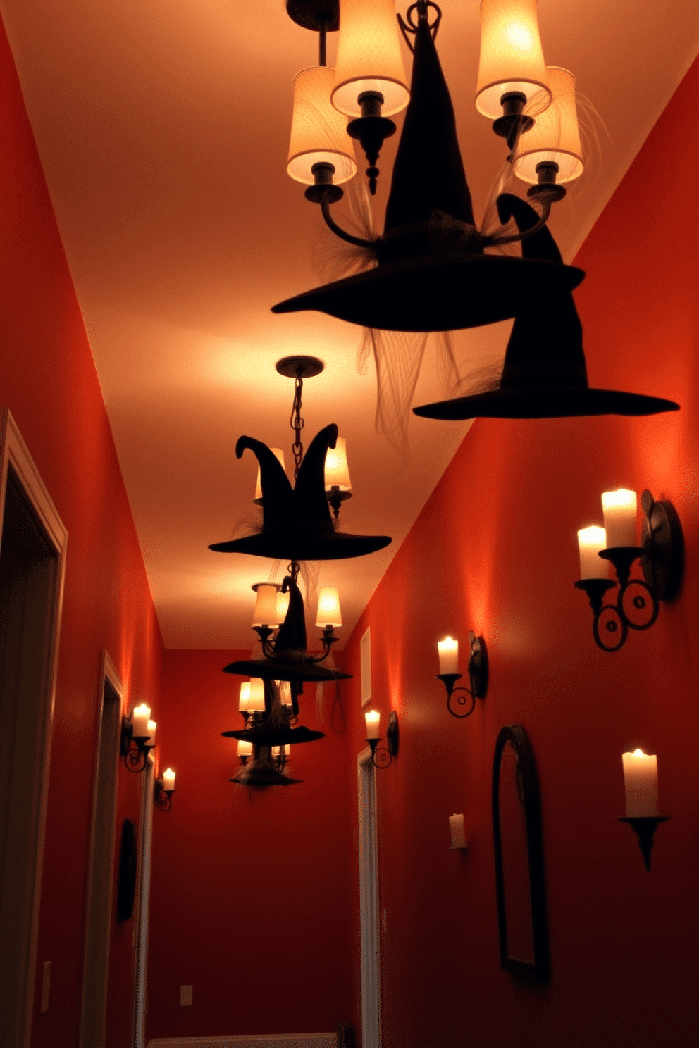 A whimsical hallway adorned for Halloween features light fixtures draped with elegant witch hats in various sizes. The walls are painted in a deep orange hue, complemented by flickering candle sconces that create a warm, inviting atmosphere.