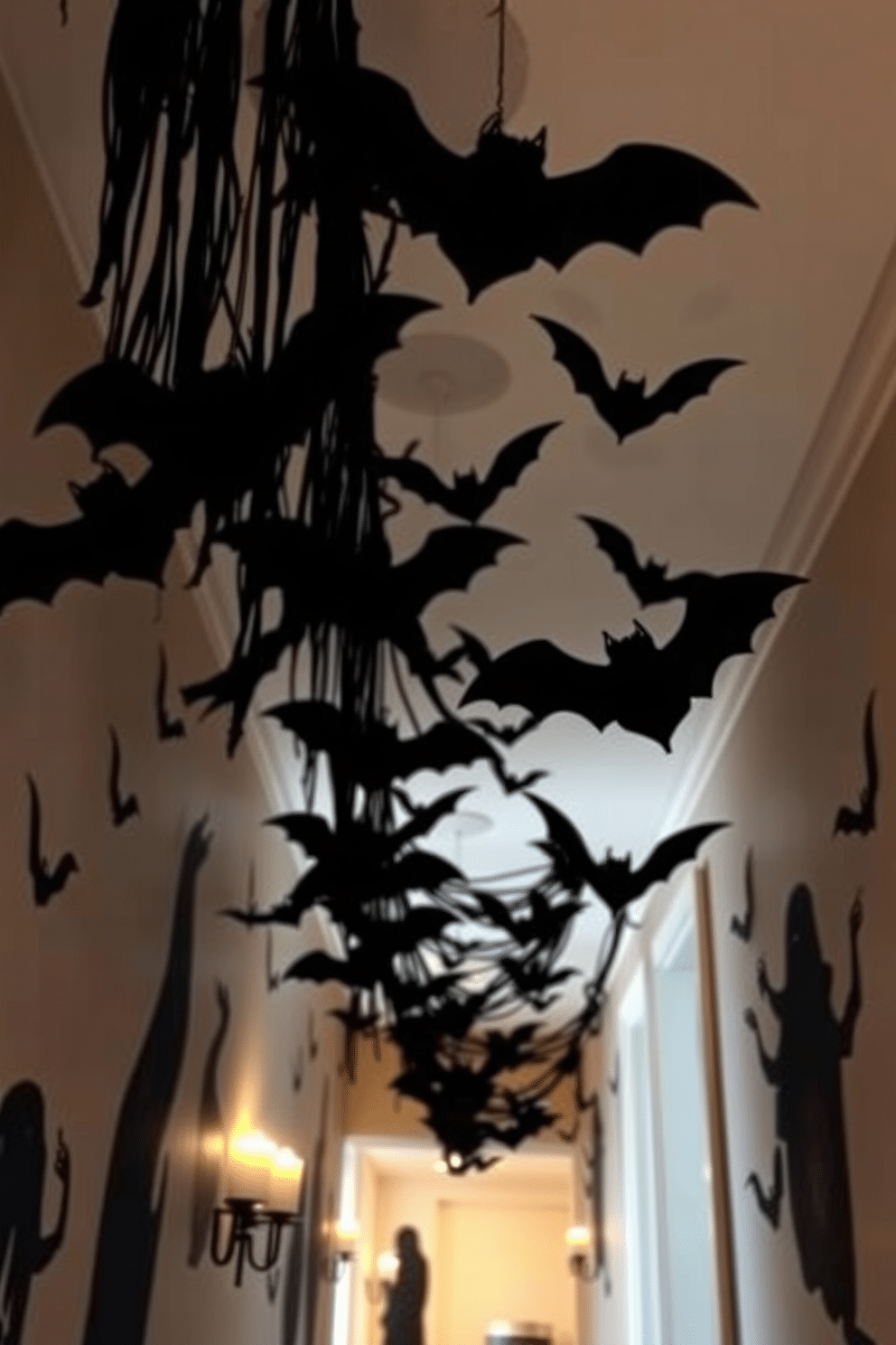 A spooky hallway decorated for Halloween features bats suspended from the ceiling, creating an eerie atmosphere. The walls are adorned with dark, ghostly silhouettes and flickering candlelight enhances the haunting effect.