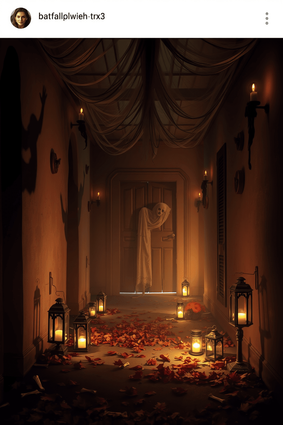 A spooky hallway adorned with cobwebs and flickering candlelight creates an eerie atmosphere. Shadowy figures are cast against the walls, while ghostly decorations hang from the ceiling, enhancing the chilling vibe. Dimly lit lanterns line the floor, illuminating a path strewn with fake leaves and scattered bones. An old, creaky wooden door at the end of the hallway adds to the suspense, inviting guests into the unknown.