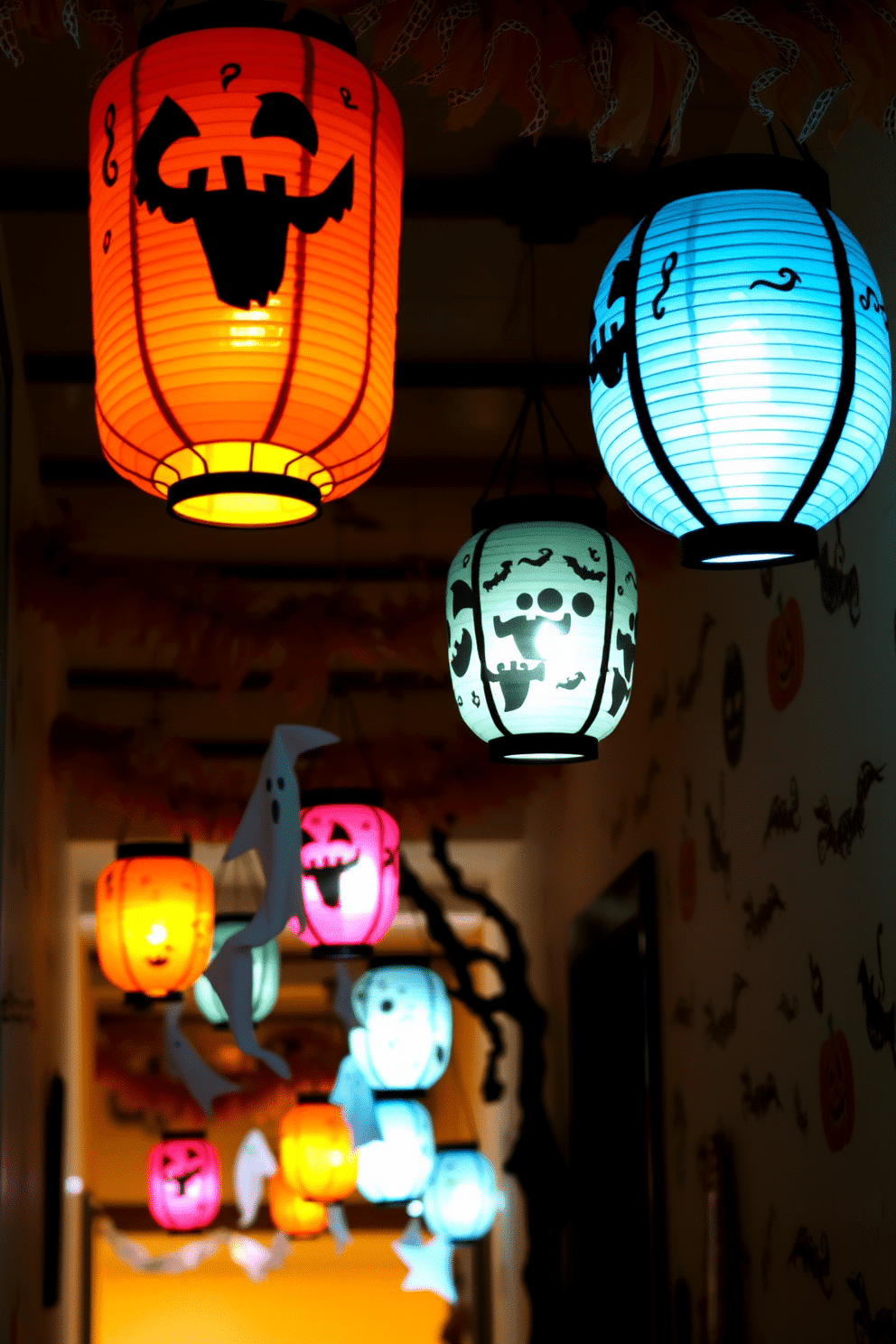 A festive hallway decorated for Halloween features hanging paper lanterns with spooky designs. The lanterns cast an eerie glow, creating a whimsical atmosphere filled with ghosts and pumpkins.