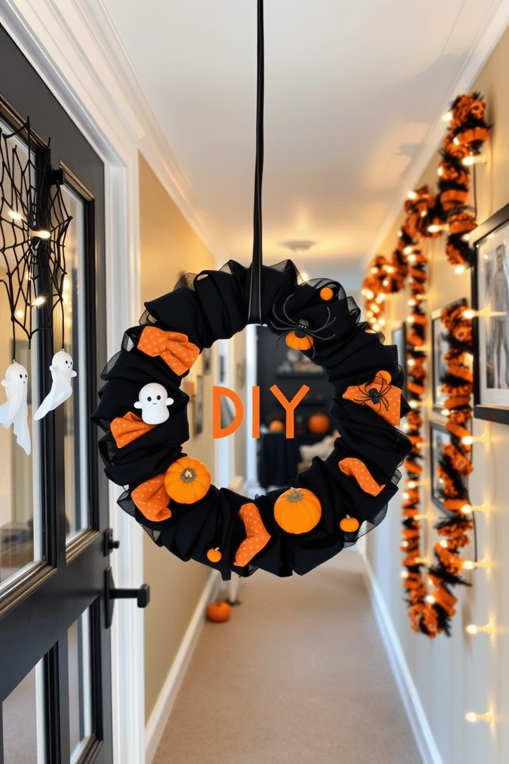 A DIY Halloween wreath adorns the front door, crafted from a mix of black and orange materials. It features playful elements like miniature pumpkins and spooky spiders, creating a festive welcome. The hallway is decorated with hanging ghostly figures and string lights that cast a warm glow. Spooky artwork and themed garlands line the walls, enhancing the Halloween spirit throughout the space.