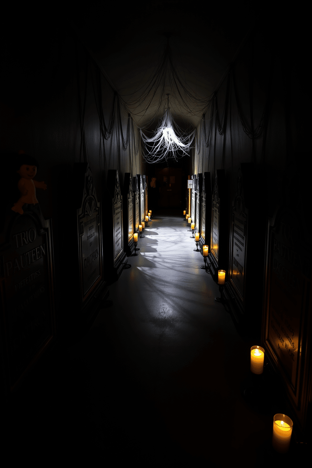 Decorative tombstones line the walls of a dimly lit hallway, creating an eerie yet festive atmosphere. Each tombstone features intricate carvings and ghostly inscriptions, adding a touch of whimsy to the Halloween decor. Flickering candlelight casts shadows that dance across the floor, enhancing the spooky vibe. Cobwebs drape from the ceiling, and small, animated props peek out from behind the tombstones, inviting guests into a hauntingly delightful experience.