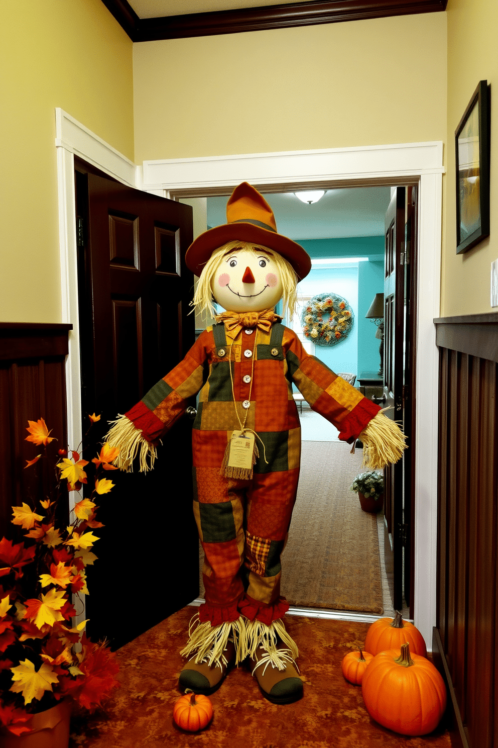 A whimsical scarecrow figure stands at the entrance of a cozy hallway, dressed in a patchwork outfit with a friendly smile. Surrounding the scarecrow are autumn-themed decorations, including colorful leaves and small pumpkins that create a festive atmosphere.