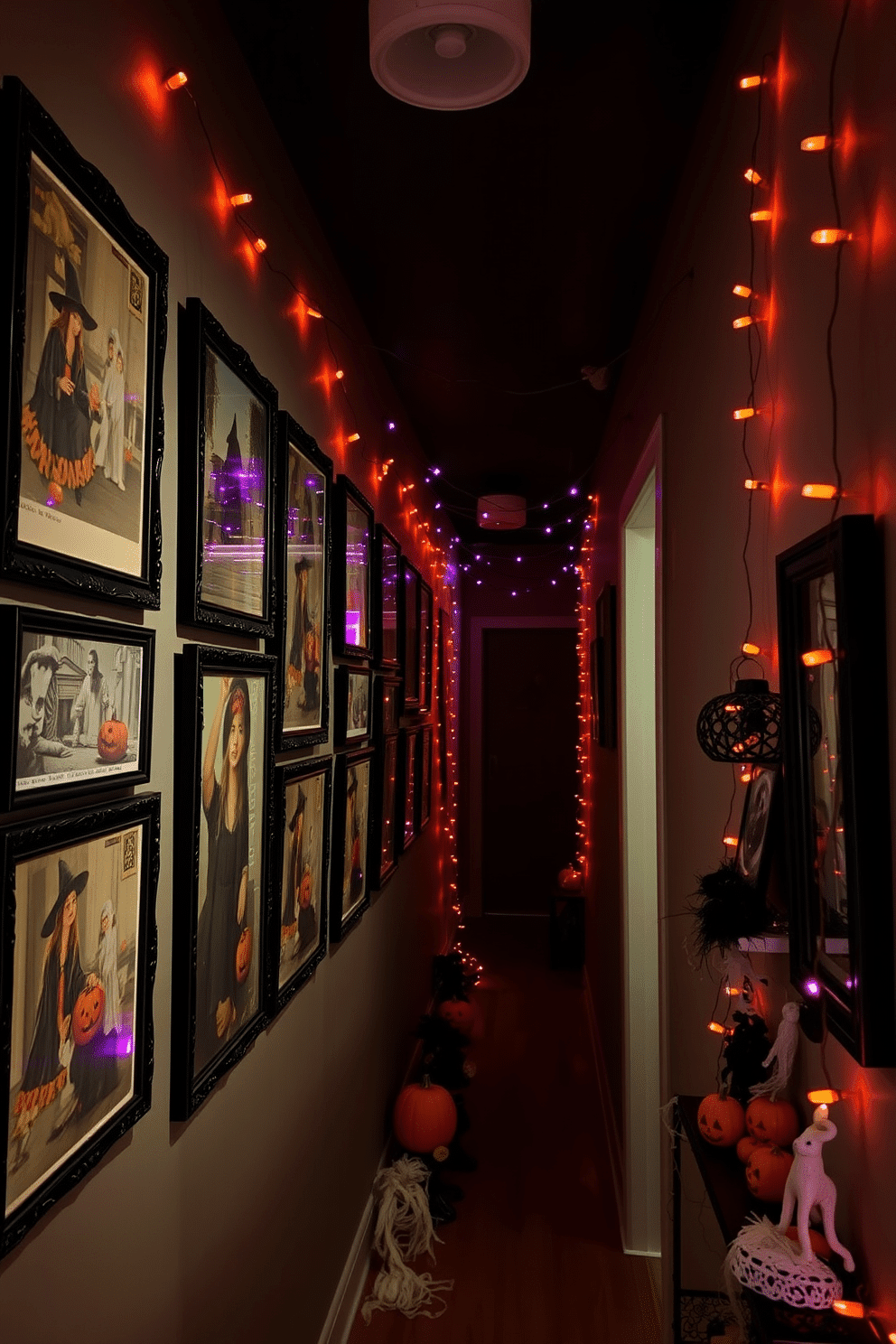 A collection of vintage Halloween postcards displayed in ornate black frames adorns the walls of a dimly lit hallway. The postcards feature classic Halloween imagery such as witches, ghosts, and pumpkins, creating a nostalgic and festive atmosphere. Along the hallway, strands of orange and purple lights are draped to enhance the spooky ambiance. Decorative elements like small carved pumpkins and cobwebs are strategically placed on the floor and shelves to complete the Halloween theme.