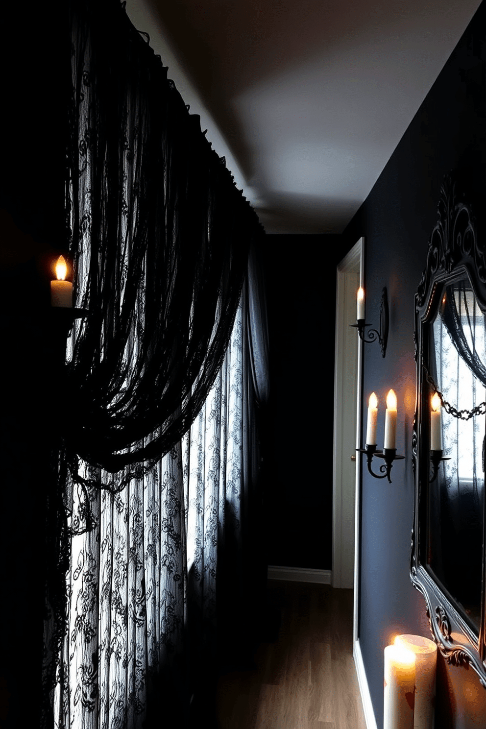 A dimly lit hallway adorned with black lace curtains that gently sway in the breeze. The walls are painted in a deep charcoal color, creating an eerie atmosphere perfect for Halloween. Along the hallway, flickering candle sconces cast shadows that dance across the lace fabric. A vintage mirror with an ornate frame reflects the haunting decor, enhancing the spooky ambiance.