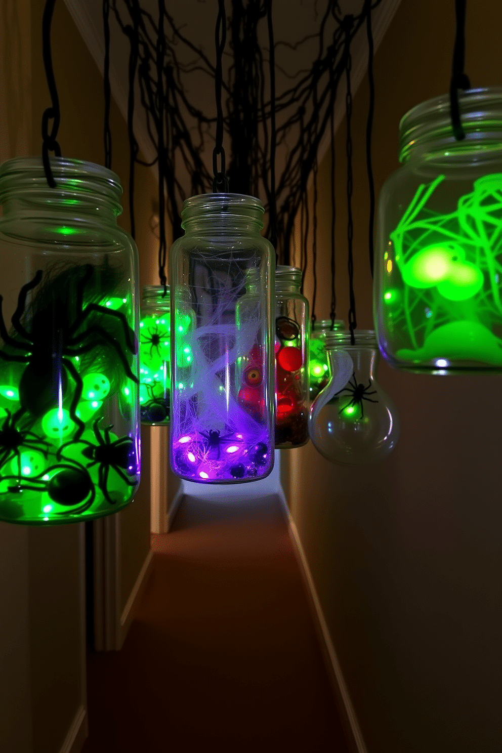 A Halloween hallway is adorned with hanging jars filled with spooky contents. Each jar features eerie elements like fake spiders, glowing eyes, and cobwebs, creating a chilling atmosphere as guests walk through.