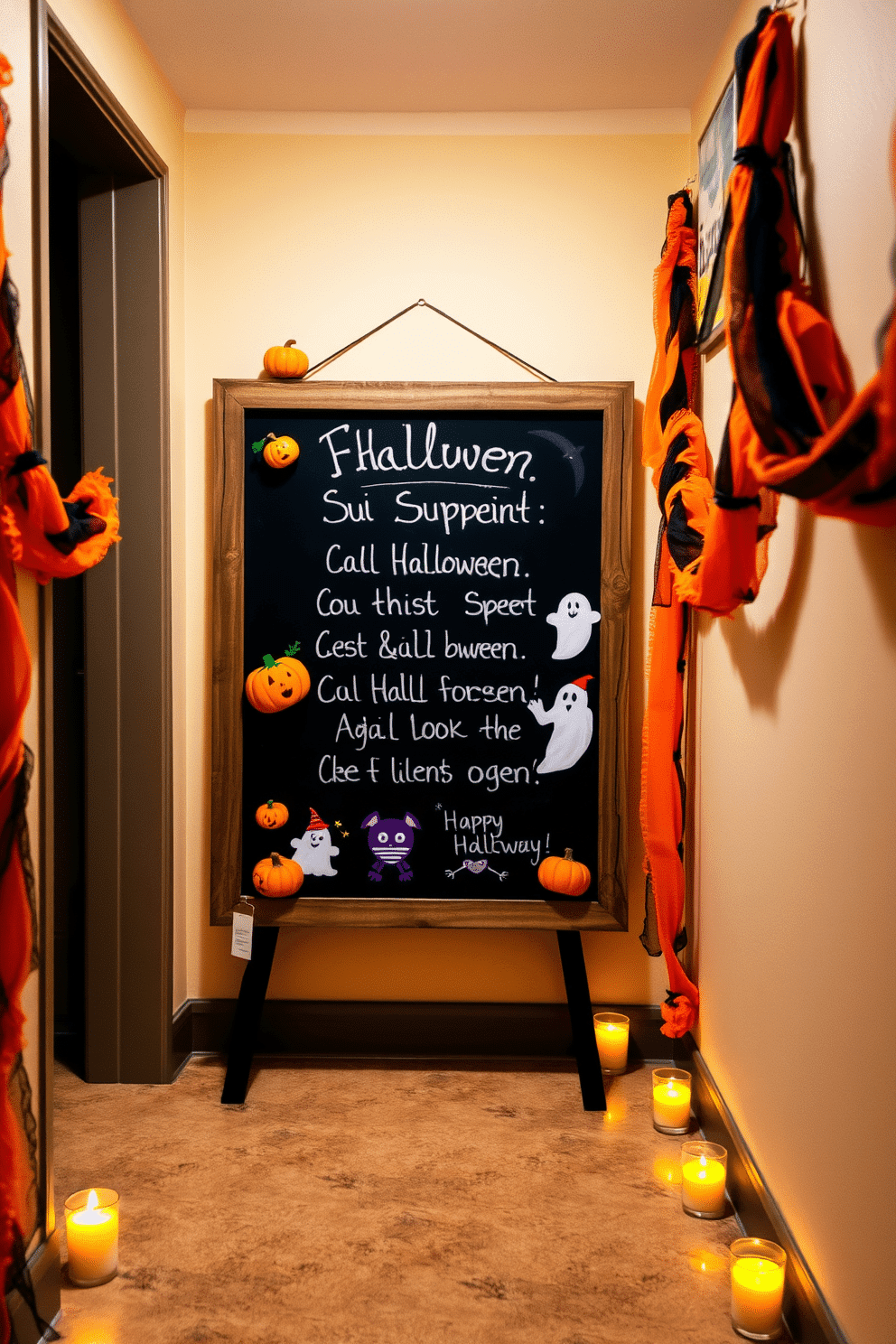 A spooky chalkboard filled with creative Halloween messages greets visitors as they enter the hallway. The board is framed in rustic wood, surrounded by playful decorations like mini pumpkins and ghost cutouts. The hallway is adorned with festive garlands made of orange and black fabric, draping elegantly along the walls. Flickering LED candles line the floor, casting a warm glow that enhances the Halloween spirit.