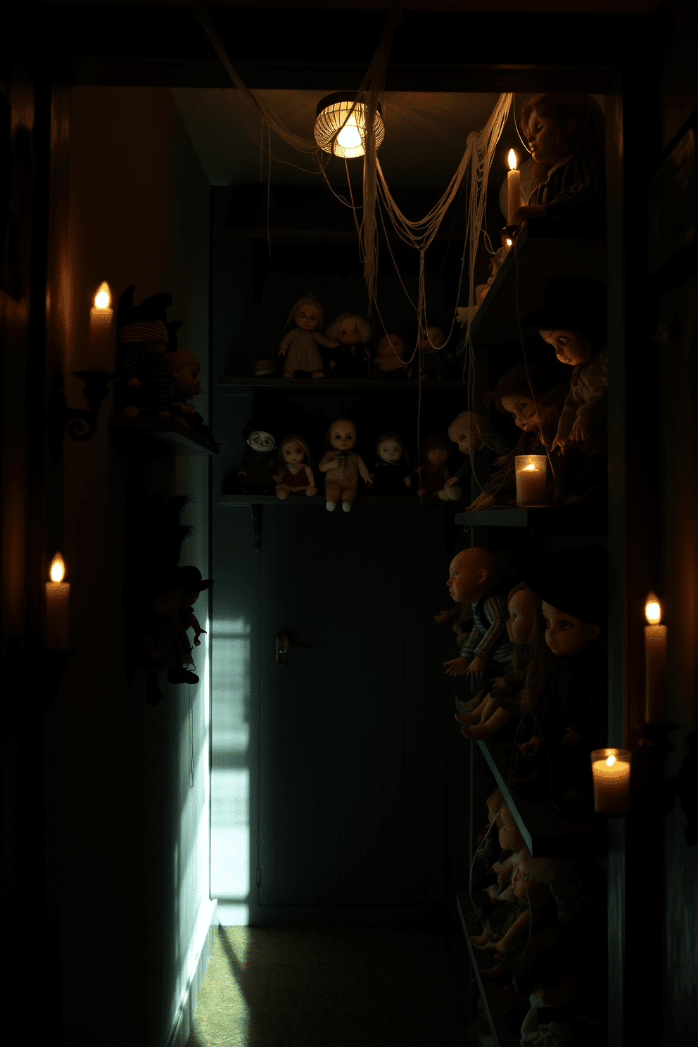 A dimly lit hallway features shelves lined with an array of creepy dolls, each with unique expressions and vintage attire. Cobwebs drape from the shelves, and flickering candles cast eerie shadows on the walls, enhancing the spooky atmosphere.