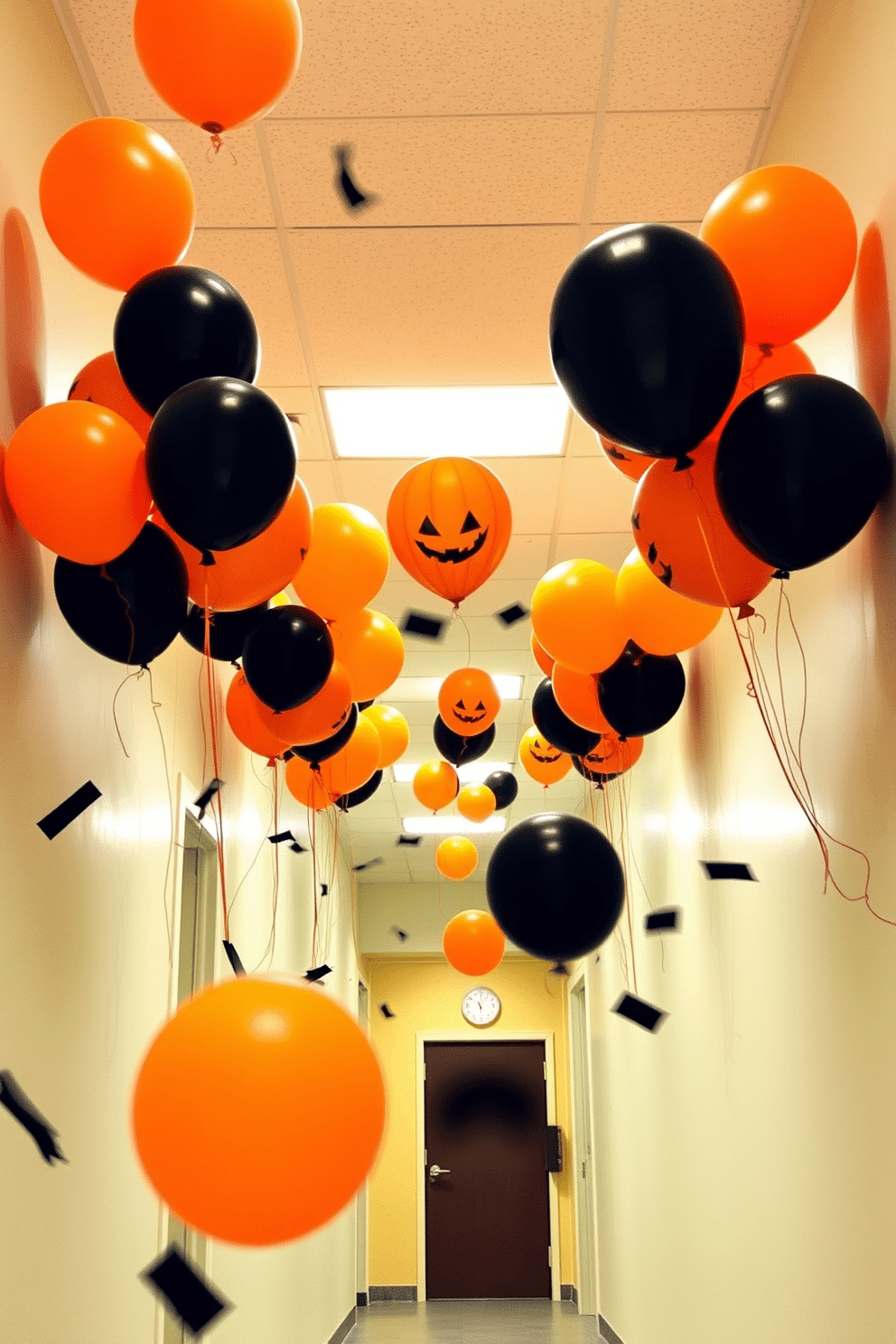 A festive Halloween hallway adorned with scattered orange and black balloons creates a cheerful ambiance. The balloons float at varying heights, adding a playful touch to the space while complementing the seasonal theme.