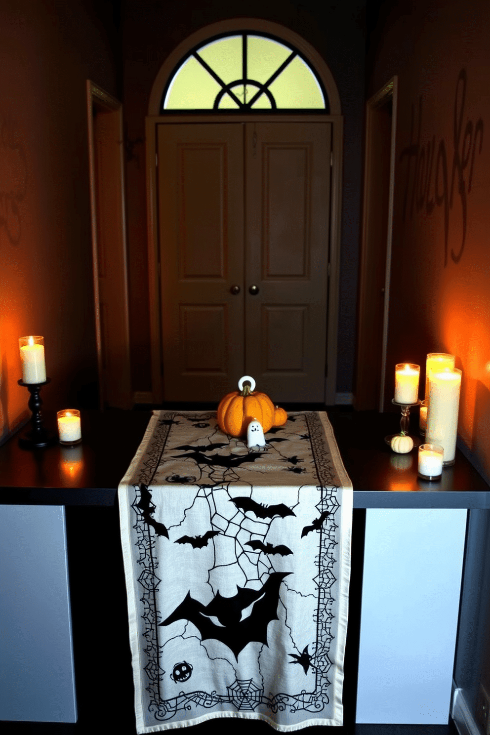 A spooky themed table runner drapes elegantly over a sleek console table in a dimly lit hallway. The runner features intricate designs of bats and cobwebs, setting a haunting atmosphere for Halloween. Surrounding the table are flickering candles in various heights, casting eerie shadows on the walls. A collection of small pumpkins and ghost figurines adds a playful yet spooky touch to the decor.