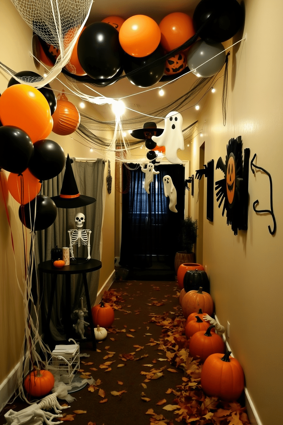 A whimsical Halloween-themed photo booth area. Adorn the space with black and orange balloons, cobwebs, and spooky props like witches hats and skeletons. Create an inviting Halloween hallway by hanging ghostly decorations and string lights. Use a mix of faux pumpkins and autumn leaves to enhance the festive atmosphere.