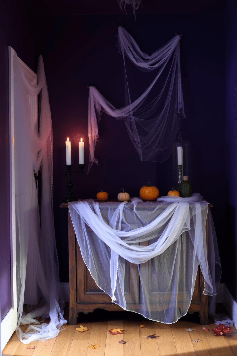 A spooky hallway adorned with ghostly fabric draped over vintage furniture creates an eerie yet inviting atmosphere. The walls are painted in deep shades of purple, and flickering candlelight casts playful shadows throughout the space. An old wooden console table is covered with sheer white fabric that billows gently, resembling wispy spirits. Cobwebs are artfully arranged in the corners, while small pumpkins and autumn leaves add a festive touch to the decor.