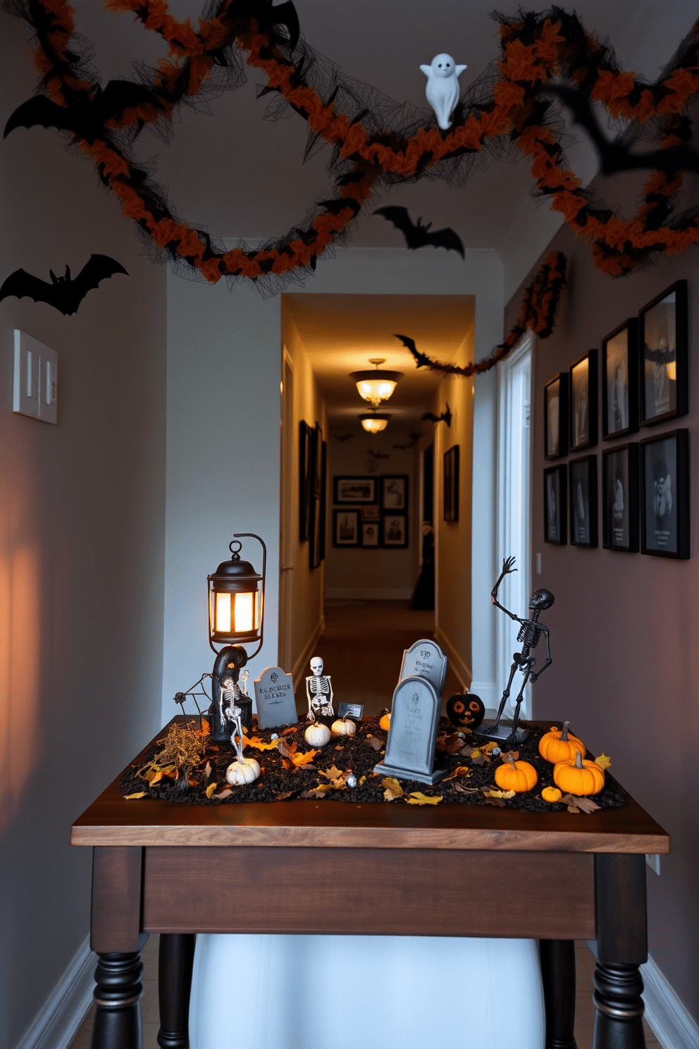 A miniature graveyard scene is set on a wooden table, featuring small tombstones, a few scattered skeletons, and a flickering LED lantern casting eerie shadows. Surrounding the graveyard are autumn leaves and miniature pumpkins, enhancing the Halloween theme. In the hallway, black and orange garlands hang from the ceiling, adorned with ghostly figures and bats. A series of framed spooky artwork line the walls, creating a festive and haunting atmosphere for guests.