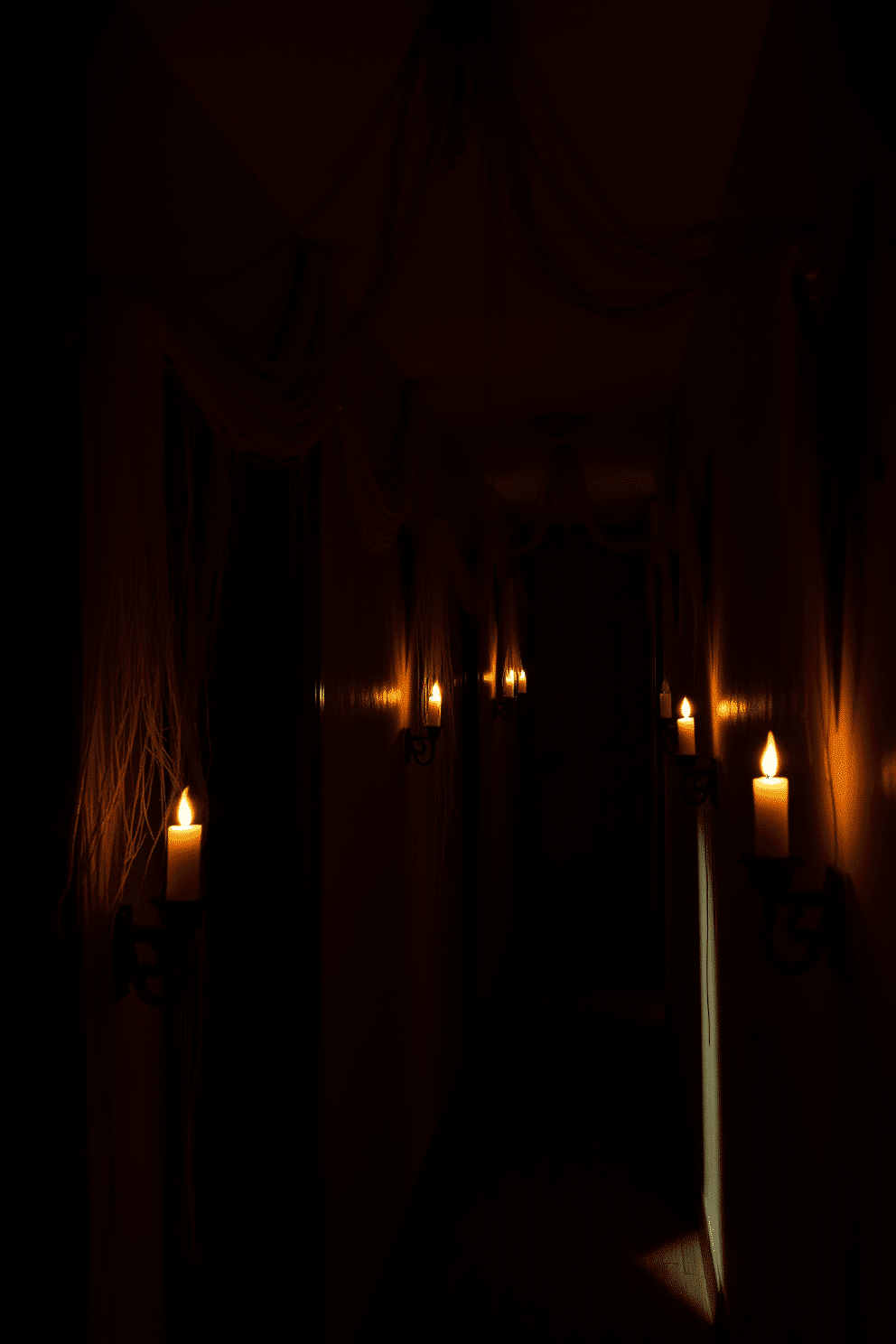 A dimly lit hallway adorned with creepy cobwebs draped across the corners. Flickering candles cast eerie shadows on the walls, enhancing the spooky atmosphere.