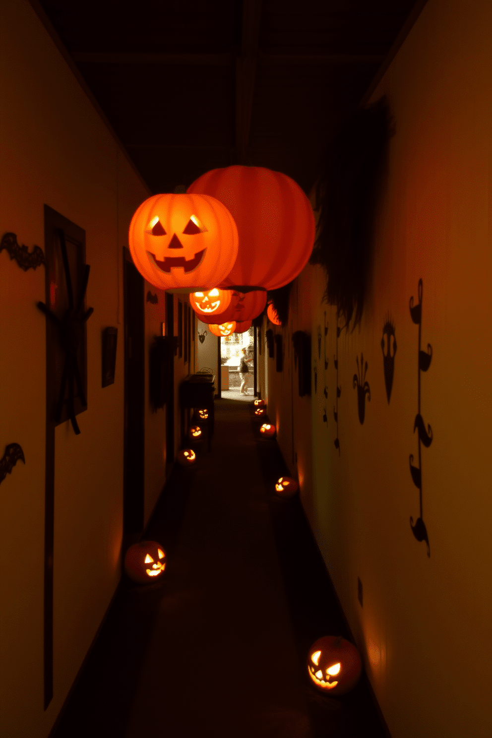 A charming pathway illuminated by carved pumpkins guides guests through a festive Halloween hallway. The walls are adorned with spooky decorations, creating an inviting yet eerie atmosphere.