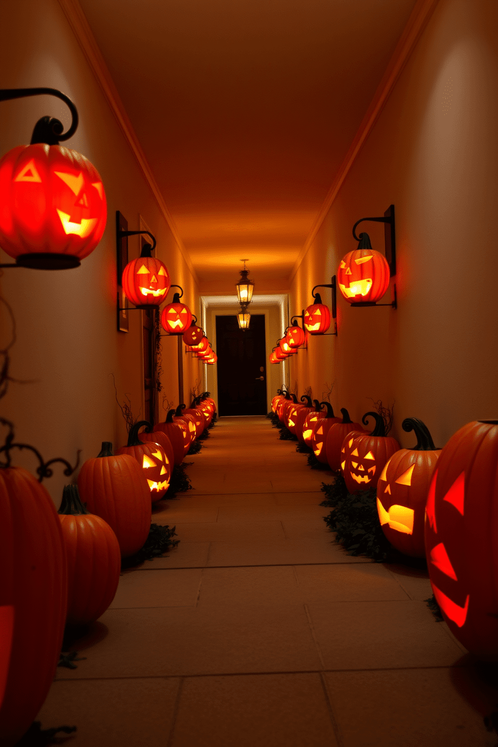 A festive Halloween hallway featuring pumpkin lanterns lining the walls. Each lantern is uniquely carved and illuminated from within, casting a warm and inviting glow.