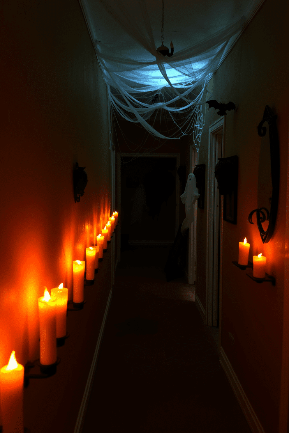 A spooky Halloween hallway adorned with flickering battery-operated candles casting eerie shadows. The walls are draped with cobwebs and adorned with ghostly decorations, creating a chilling atmosphere.