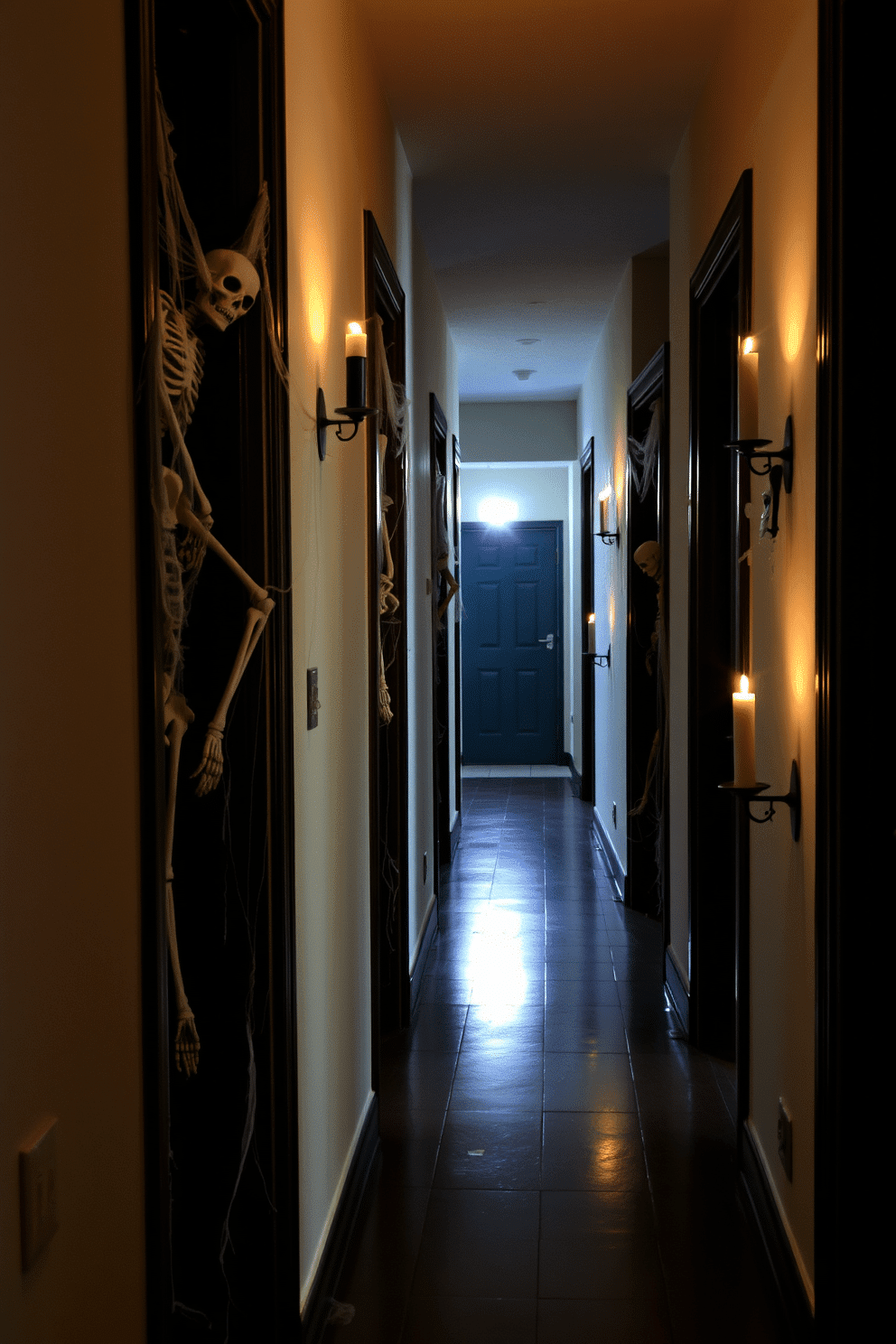 A spooky hallway adorned for Halloween features skeletons peeking from behind various doors. Creepy cobwebs drape from the door frames, and flickering candles cast eerie shadows along the walls.