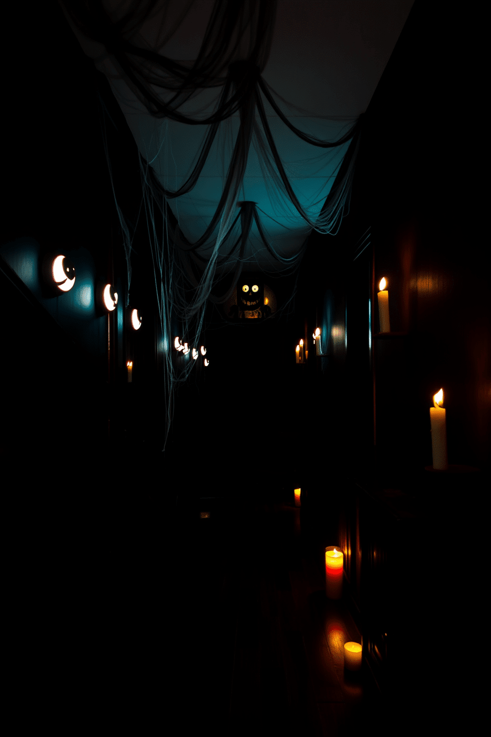 A spooky hallway adorned for Halloween features glowing eyes peering from the dark corners, creating an eerie atmosphere. Cobwebs drape from the ceiling, and flickering candles cast shadows on the walls, enhancing the haunting vibe.