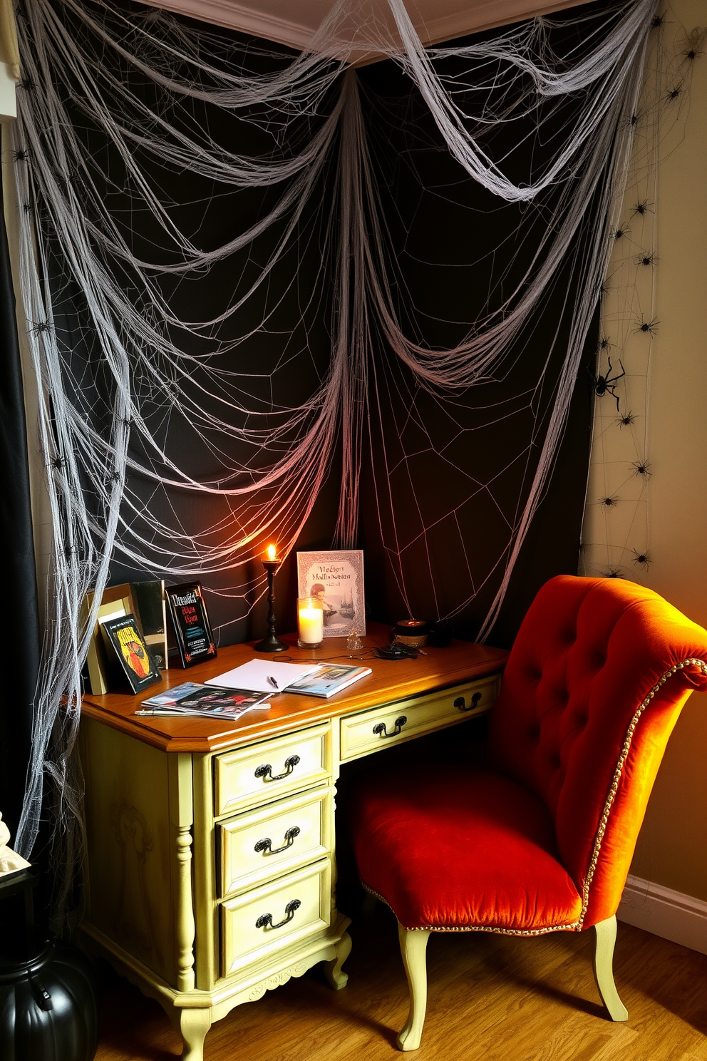 A cozy home office setting featuring a corner decorated with spooky spider webs. The webs are intricately draped across the walls and ceiling, with small plastic spiders scattered throughout for an eerie touch. A vintage desk sits in front of the webbed corner, adorned with Halloween-themed stationery and a flickering candle. A plush chair in deep orange complements the festive decor, creating a warm yet spooky atmosphere.