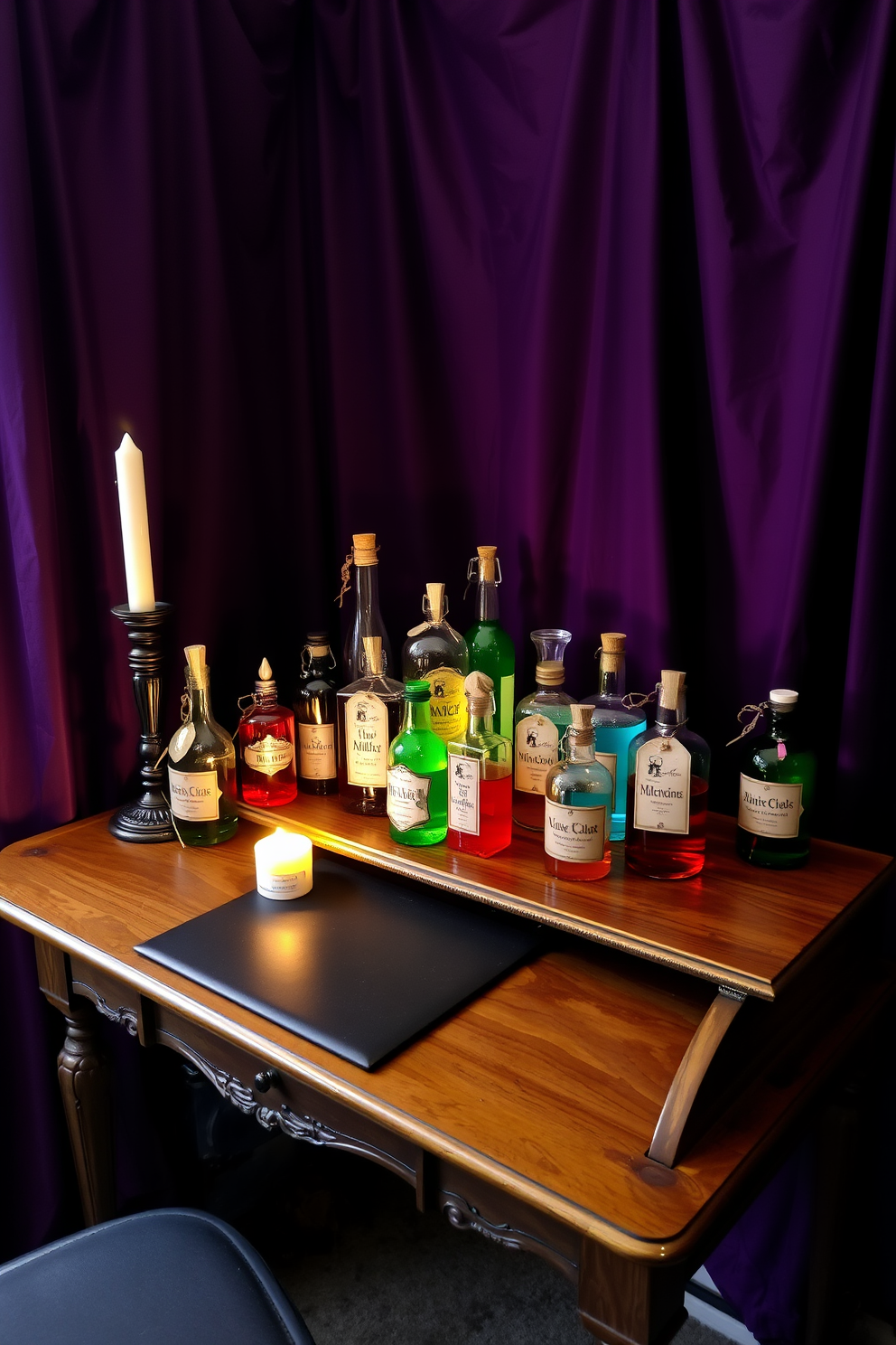 A cozy Halloween-themed home office features an antique wooden desk adorned with an array of mysterious potion bottles in various shapes and sizes. The bottles are filled with colorful liquids and labeled with whimsical tags, casting an enchanting atmosphere in the space. The walls are draped in deep purple fabric, creating a rich backdrop for the decor. A flickering candle sits beside the potion bottles, adding a warm glow and enhancing the spooky ambiance.