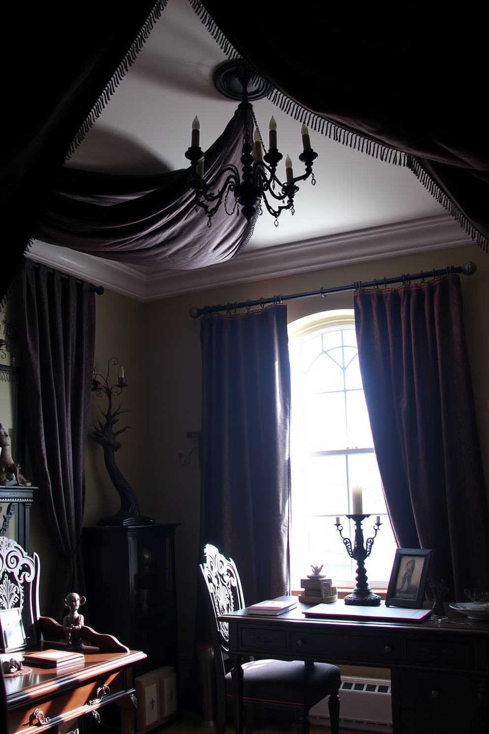 Gothic-style curtains in dark colors drape elegantly from the ceiling, adding a dramatic touch to the home office. The rich fabric features intricate patterns, creating an atmosphere that is both mysterious and inviting. Decorative elements like carved wooden furniture and antique desk accessories complement the curtains, enhancing the overall Gothic aesthetic. Soft, ambient lighting casts shadows that play across the room, perfect for a cozy workspace during the Halloween season.