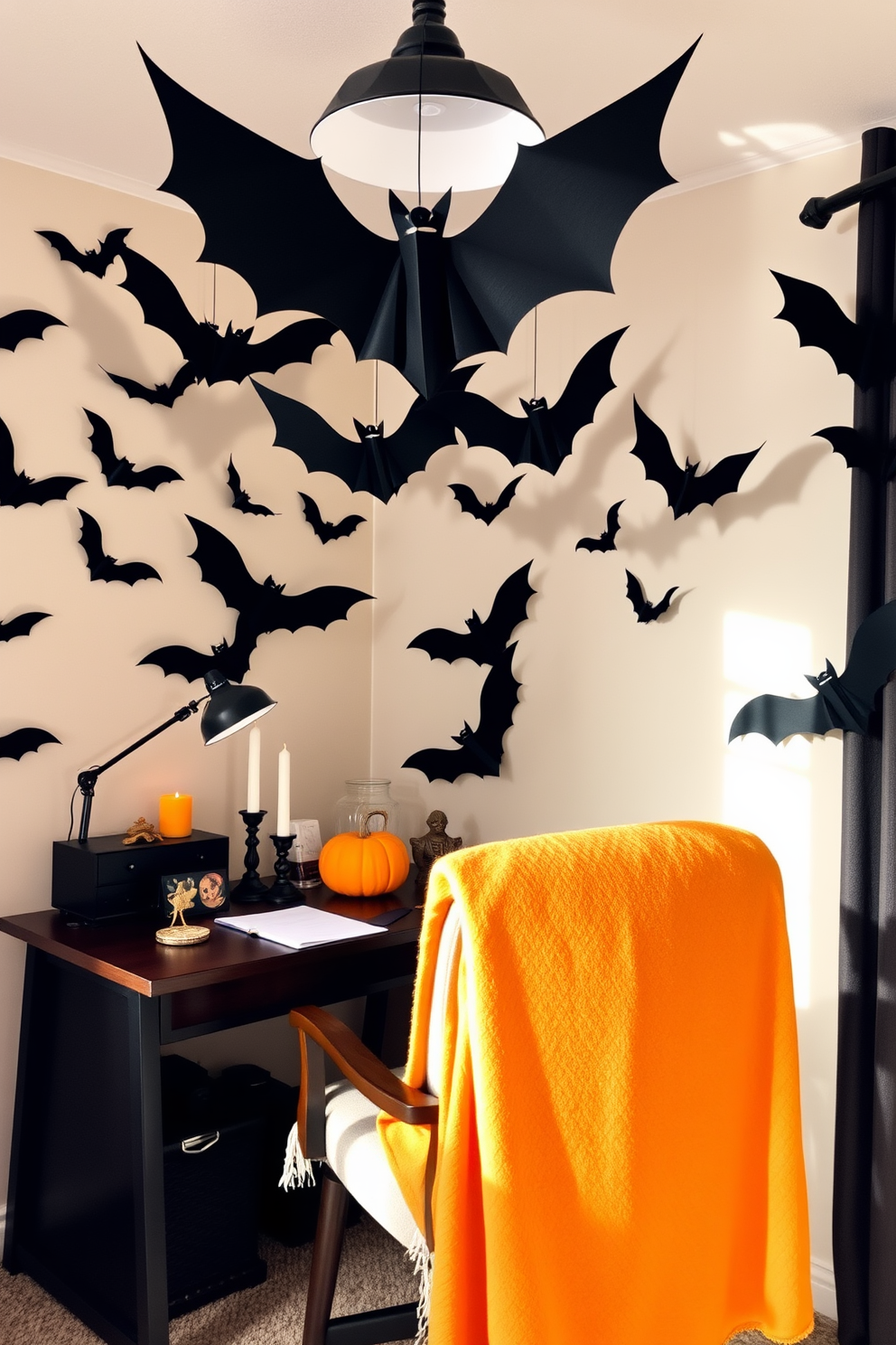 A cozy home office space adorned with Halloween decorations. Bats made of black paper hang from the ceiling lights, casting playful shadows on the walls. The desk is styled with seasonal accents, including a small pumpkin and spooky candles. A comfortable chair is draped with a soft, orange throw blanket to enhance the festive atmosphere.